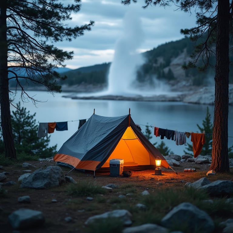 A cozy gray and orange bivy rests in Acadia’s wild landscape at magic hour. A lantern, cooler, and clothesline add a homey touch, while surfers and steaming geysers appear in the distance beneath a soft lightning storm.