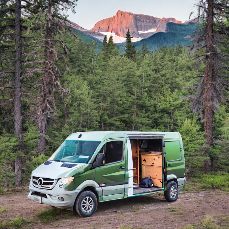 A forest-green camper van rests on a dirt clearing in Glacier National Park. A small campfire warms the quiet campsite, with camping gear nearby and young trees all around. Misty mountains rise in the background beneath a cloudy sunrise sky.