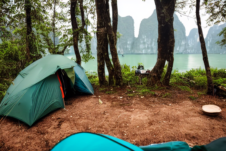 A teal tent rests on a quiet paved campsite in foggy Halong Bay. Camping chairs, a backpack, and a large log sit near the fire, while a person with a flashlight walks in the distance.