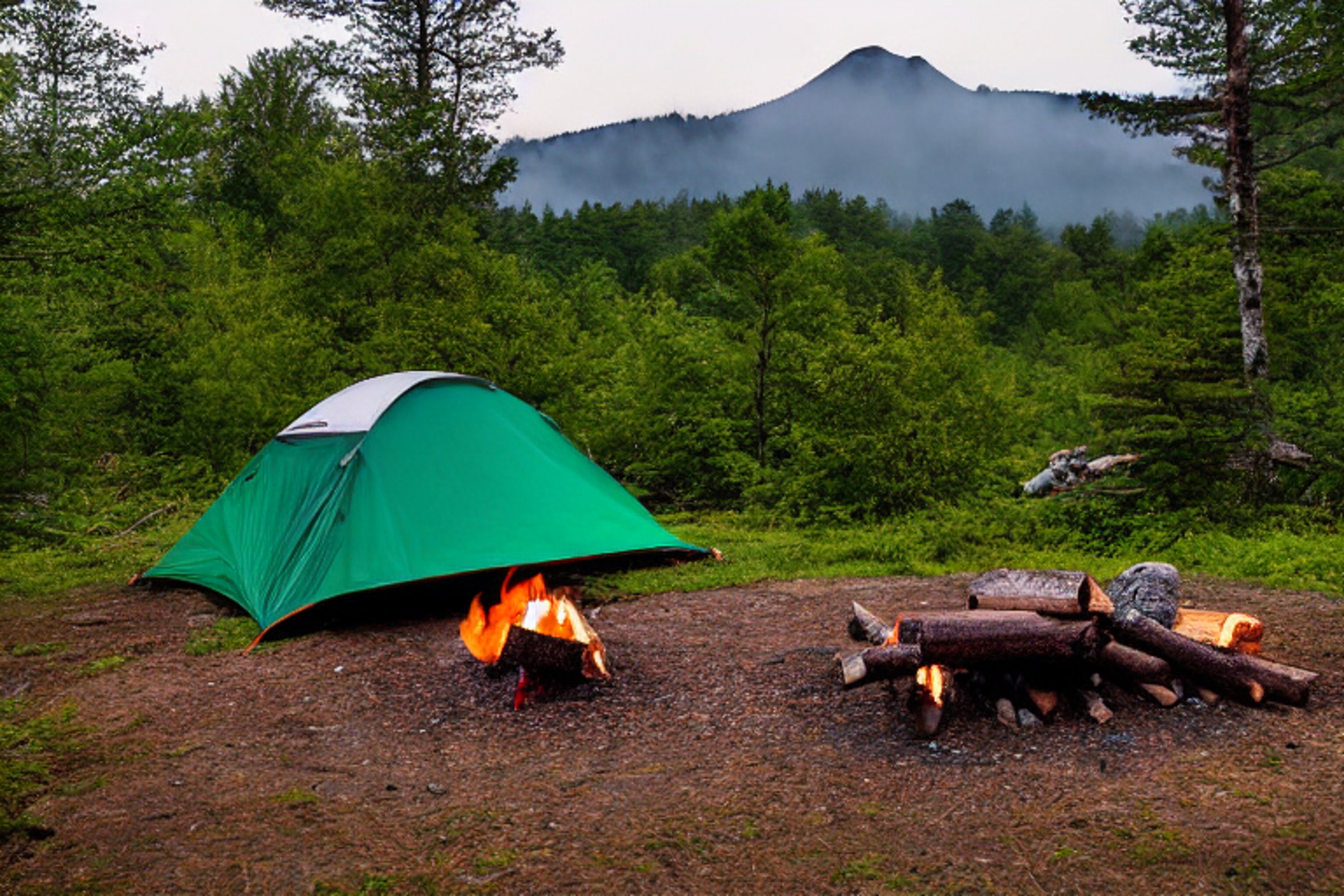 A forest-green tent rests on a rough dirt patch in the Smoky Mountains. A small campfire sits among logs, while a clear stream winds through the campsite. Rainy air, berry bushes, and misty mountains create a peaceful wild setting.