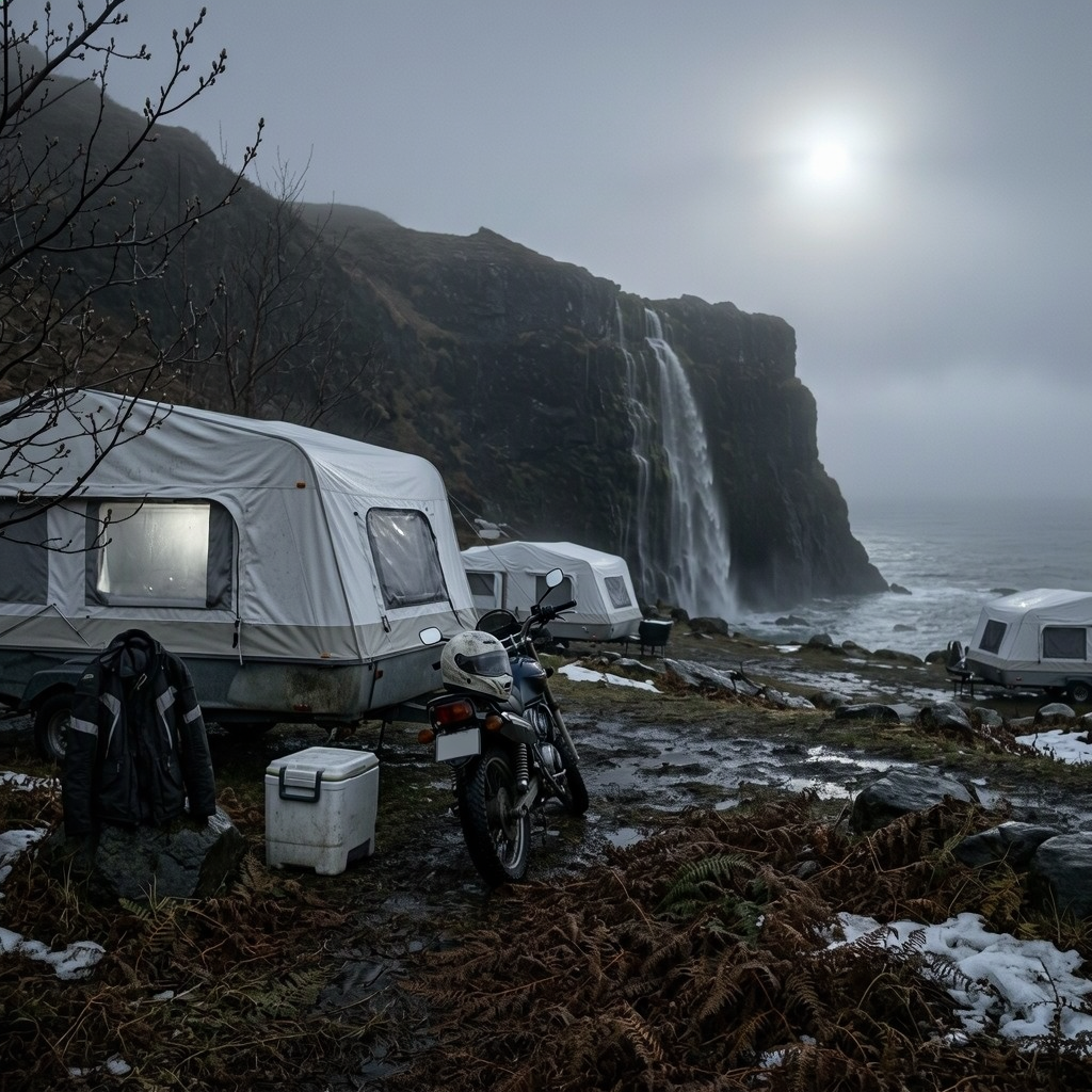 White campers and a waterfall on a foggy coast, seen from the campsite. A helmet sits on a motorcycle beside a cooler and a hanging jacket.