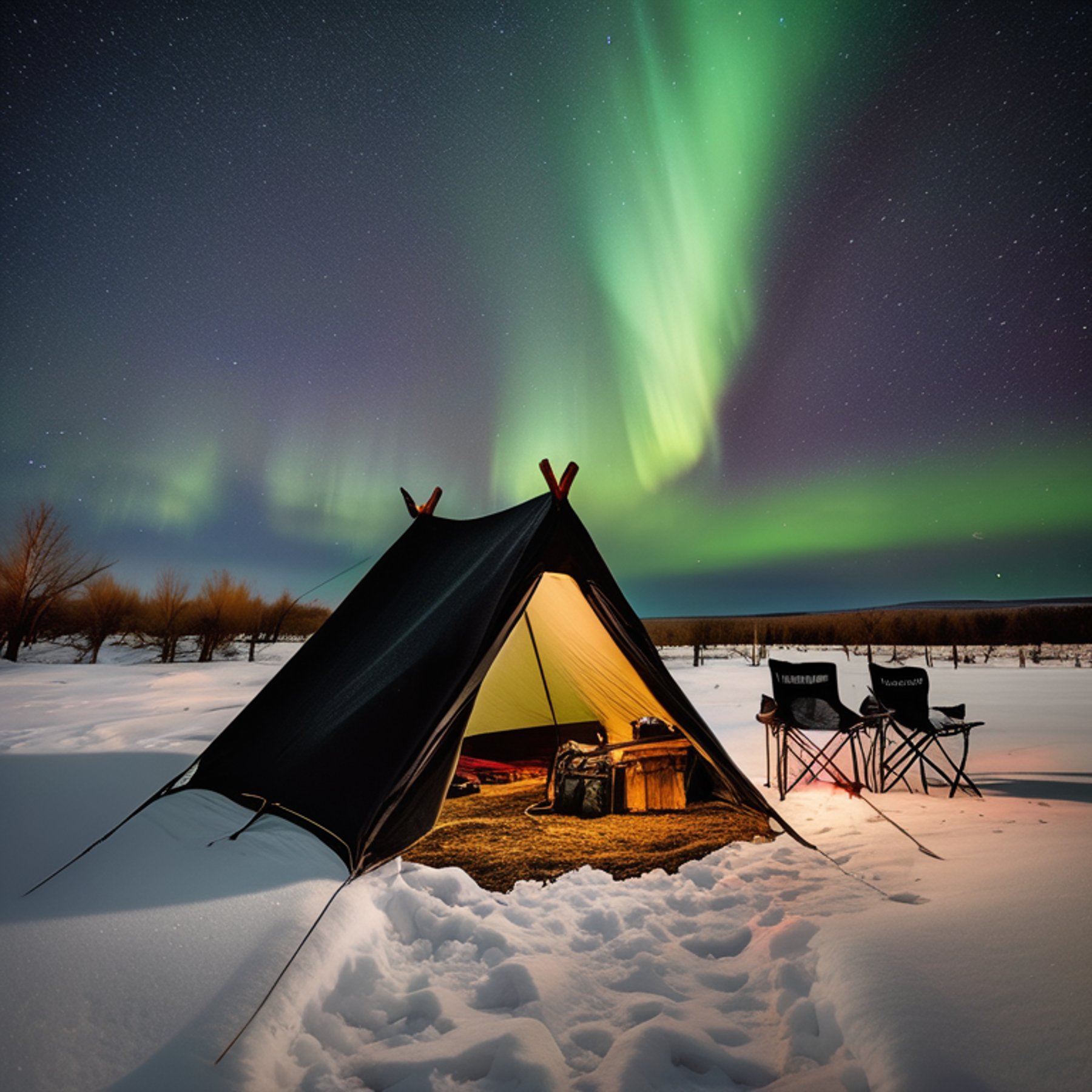 A black tent glows beside a warm campfire on a snowy Idaho plain. Above it, bright northern lights dance across the night sky, while a guitar, chairs, and picnic table wait nearby.