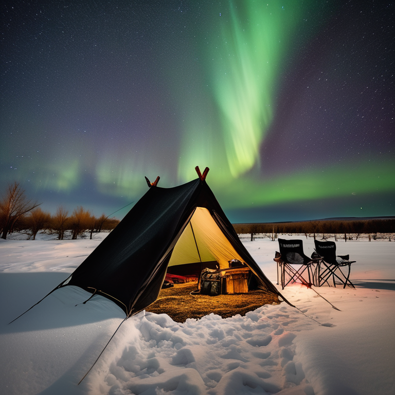 A black tent glows beside a warm campfire on a snowy Idaho plain. Above it, bright northern lights dance across the night sky, while a guitar, chairs, and picnic table wait nearby.