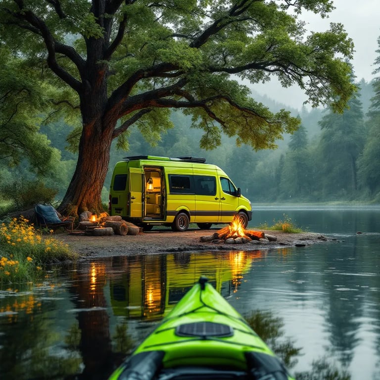 A lime green camper van rests beside a peaceful lake on a rainy morning. Tall trees and small flowers surround a cozy campfire, while a solar lantern hangs above the logs. The view from a kayak makes the campsite feel calm and welcoming.