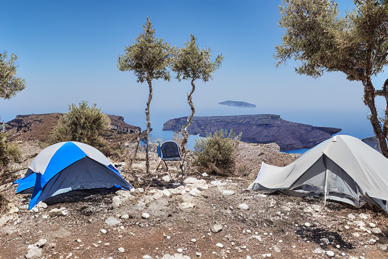 A gray and blue tent rests on a dirt campsite as the sun rises over snowy Santorini. Camping chairs, small trees, and smooth boulders create a quiet spot beside the parking area.