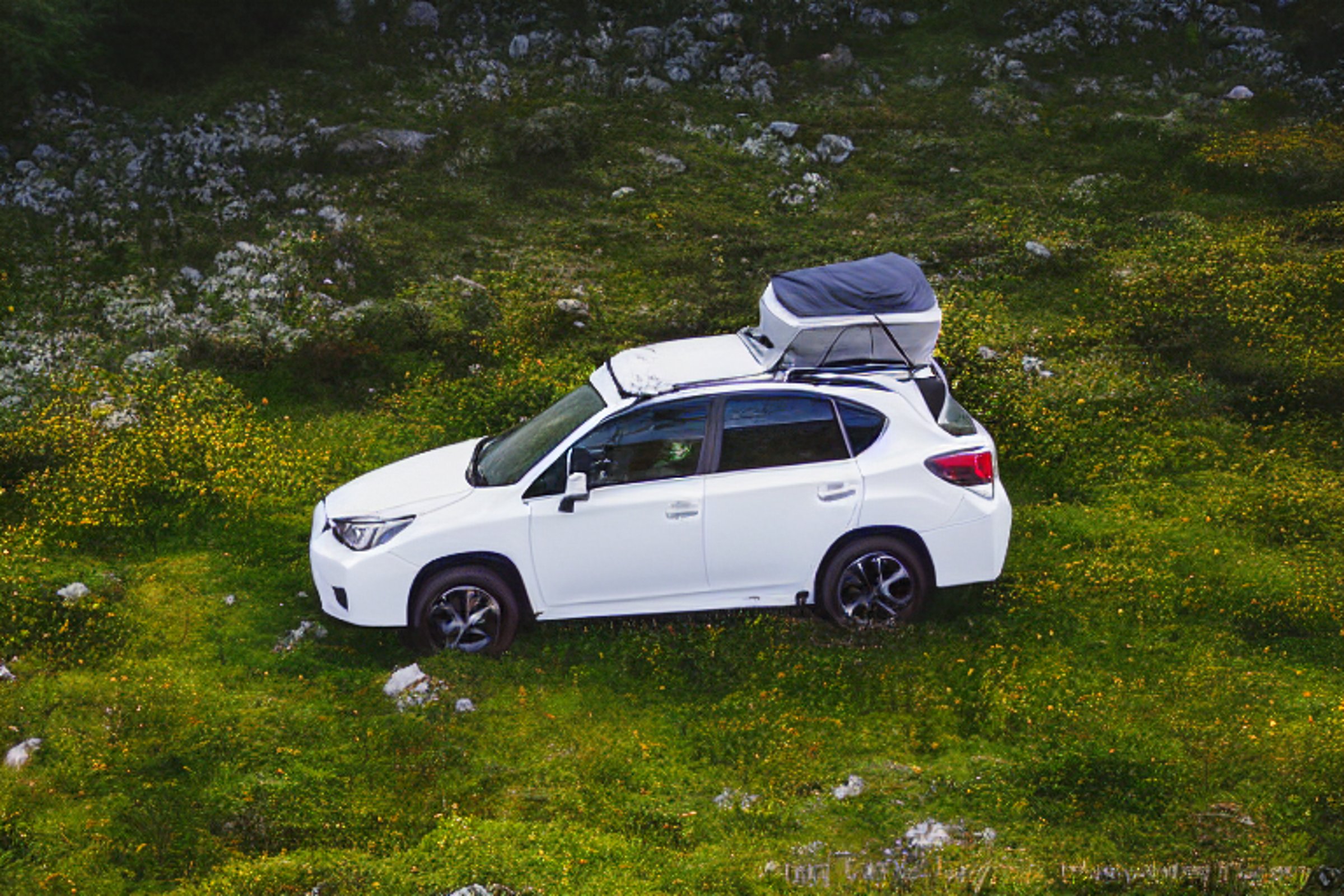 A white Subaru with an open rooftop tent rests at a quiet campsite in the Valley of Flowers. Rainy sunset light glows over the bushes, stone patches, and muddy ground. A small flashlight shines in the distance.