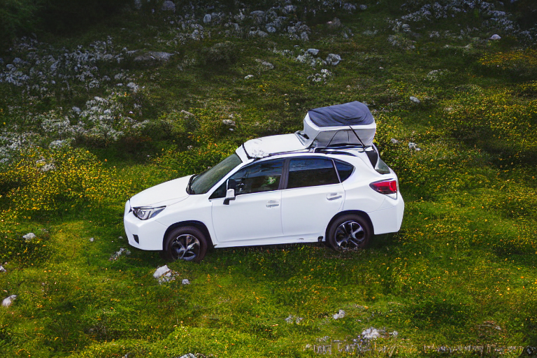A white Subaru with an open rooftop tent rests at a quiet campsite in the Valley of Flowers. Rainy sunset light glows over the bushes, stone patches, and muddy ground. A small flashlight shines in the distance.