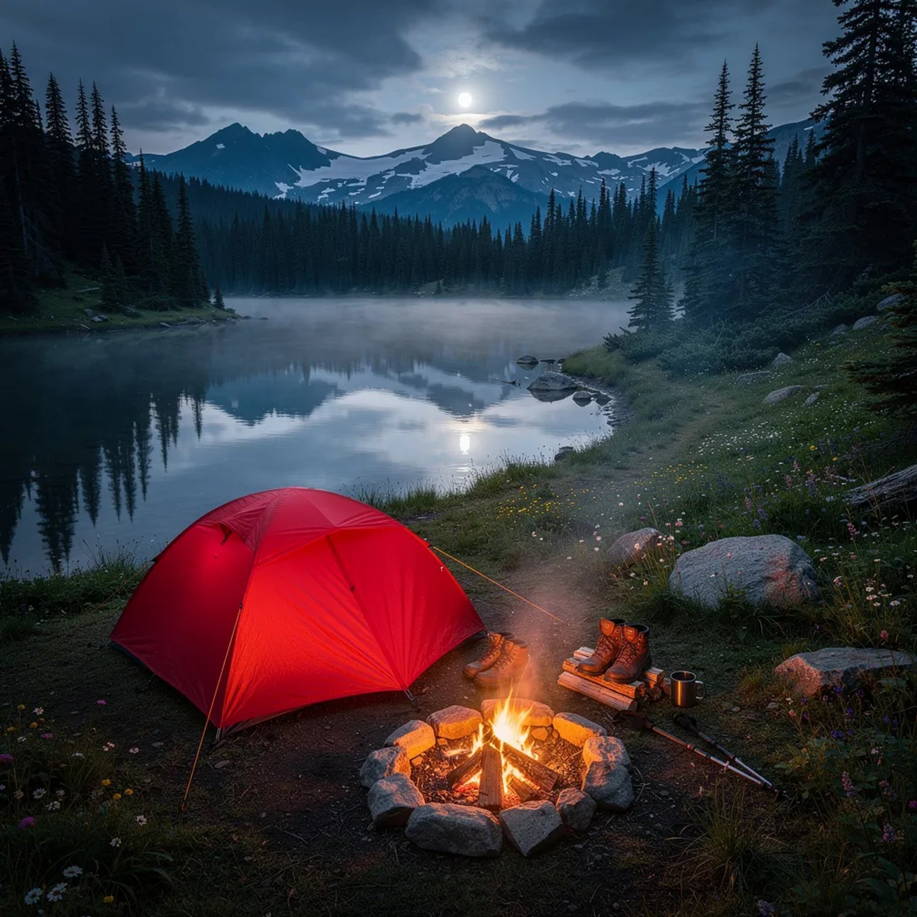 A bright red tent sits on a damp clearing by a small mountain lake, surrounded by tall evergreen trees and tiny wildflowers. The campfire glows warm in a stone ring, with boots nearby and a thin ribbon of smoke drifting up. Cool blue moonlight and light mist float over the water, with snowy peaks watching in the distance.