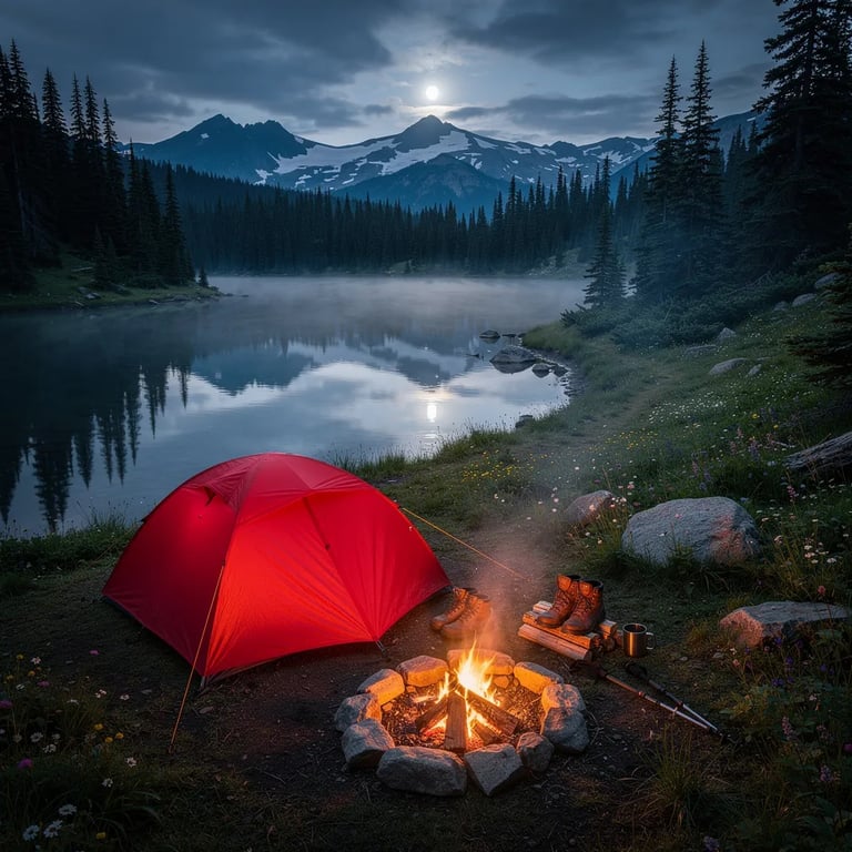 A bright red tent sits on a damp clearing by a small mountain lake, surrounded by tall evergreen trees and tiny wildflowers. The campfire glows warm in a stone ring, with boots nearby and a thin ribbon of smoke drifting up. Cool blue moonlight and light mist float over the water, with snowy peaks watching in the distance.
