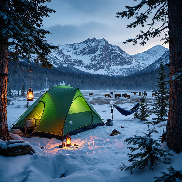 A green tent rests in a snowy forest beneath the rolling hills of Glacier National Park. A hammock hangs between the trees, while a lantern glows nearby and hikers explore the camp. In the distance, wild horses graze in a quiet field.