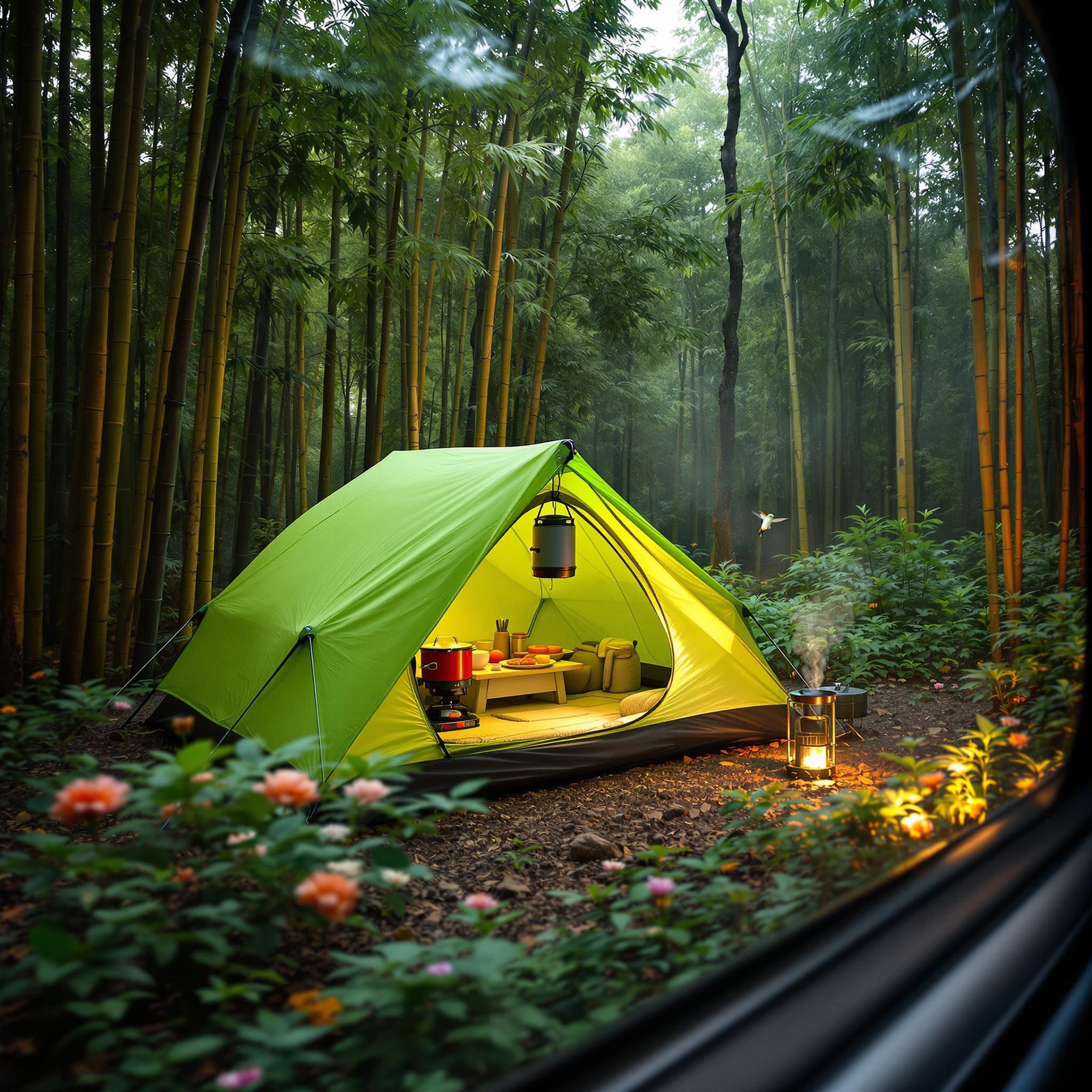 A bright lime green tent rests among tall bamboo and tiny flowers. A hummingbird hovers nearby while a stove sits on a picnic table and food hangs safely from a tree. Seen from a passing train window, the cloudy campsite feels peaceful and wild.