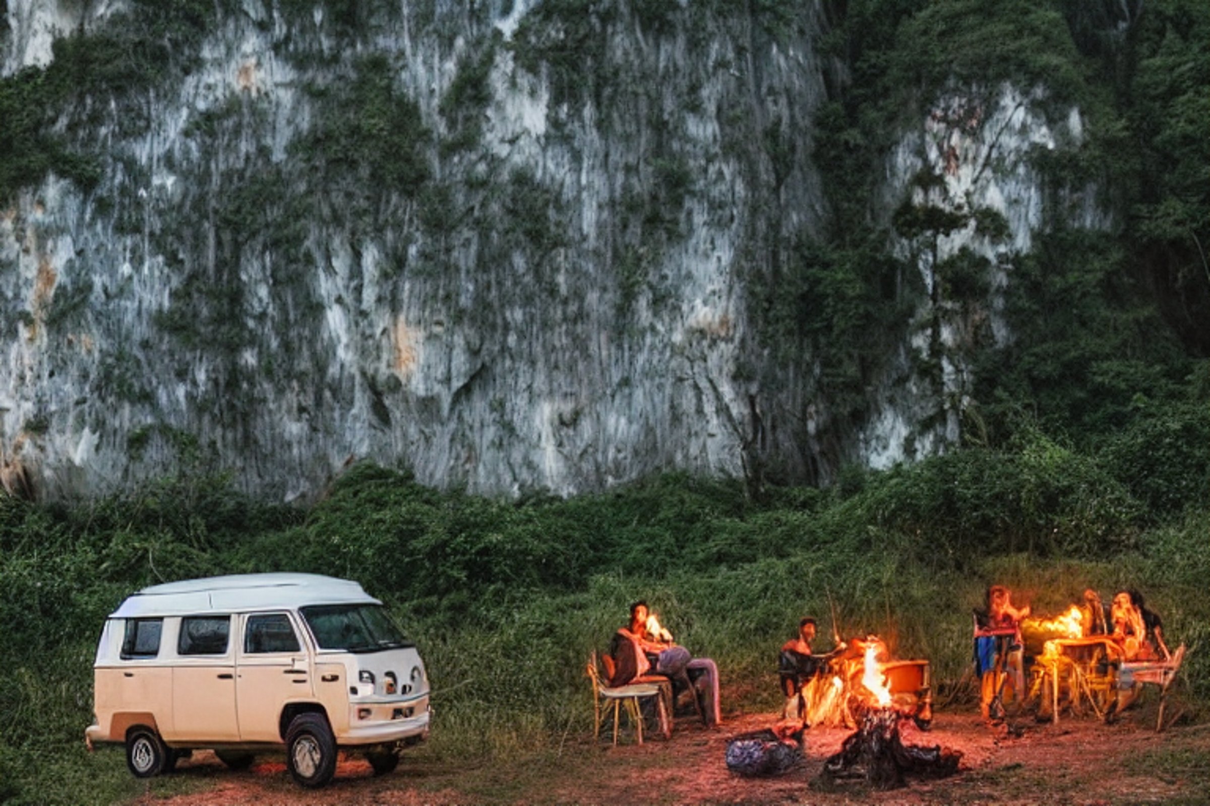 A white campervan rests on a sunny dirt campsite in Halong Bay as the sun sets. A warm campfire glows among the logs, trees, and smooth boulders, creating a peaceful outdoor escape.