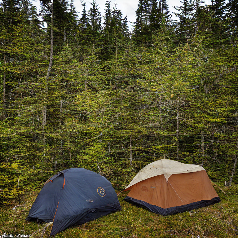 A tan tent rests on a dirt campsite along the Maine coast. Small trees, fallen leaves, and a box of camping gear surround it, while mountains rise in the distance beneath a stormy dusk sky.