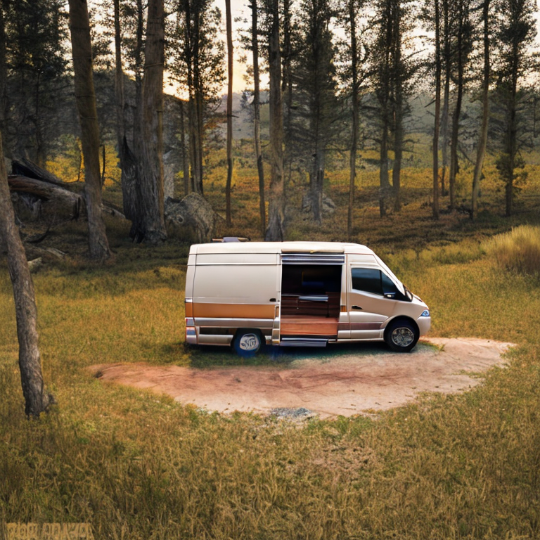 A brown camper van rests at a quiet campsite beside a winding creek. Tall grass, rough ground, and a large rock surround a warm campfire and wooden log as the cloudy sunset fills the sky.