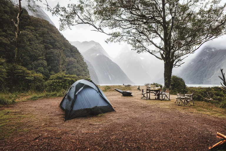A tan tent rests on a quiet campsite in Milford Sound as dusk settles in. A warm campfire glows among the logs, while tall trees fade into the soft fog. A deer stands in the distance near a person’s small flashlight.
