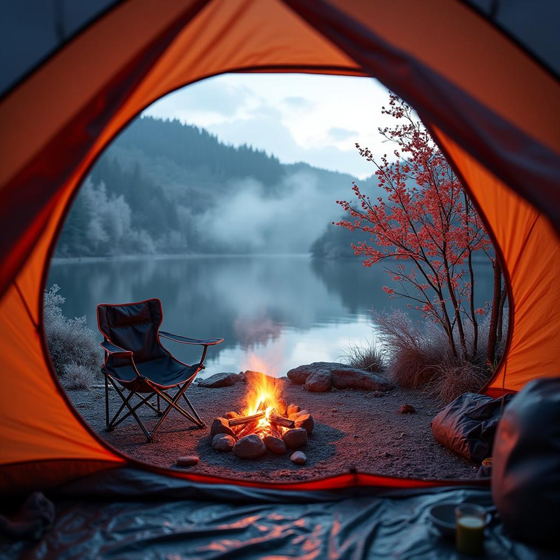 A cozy tent looks out over a hidden cove in the warm late-afternoon light. Mist rises from the nearby river as campfire smoke drifts through the dry air. A camping chair and berry-covered bush add charm to this peaceful campsite.