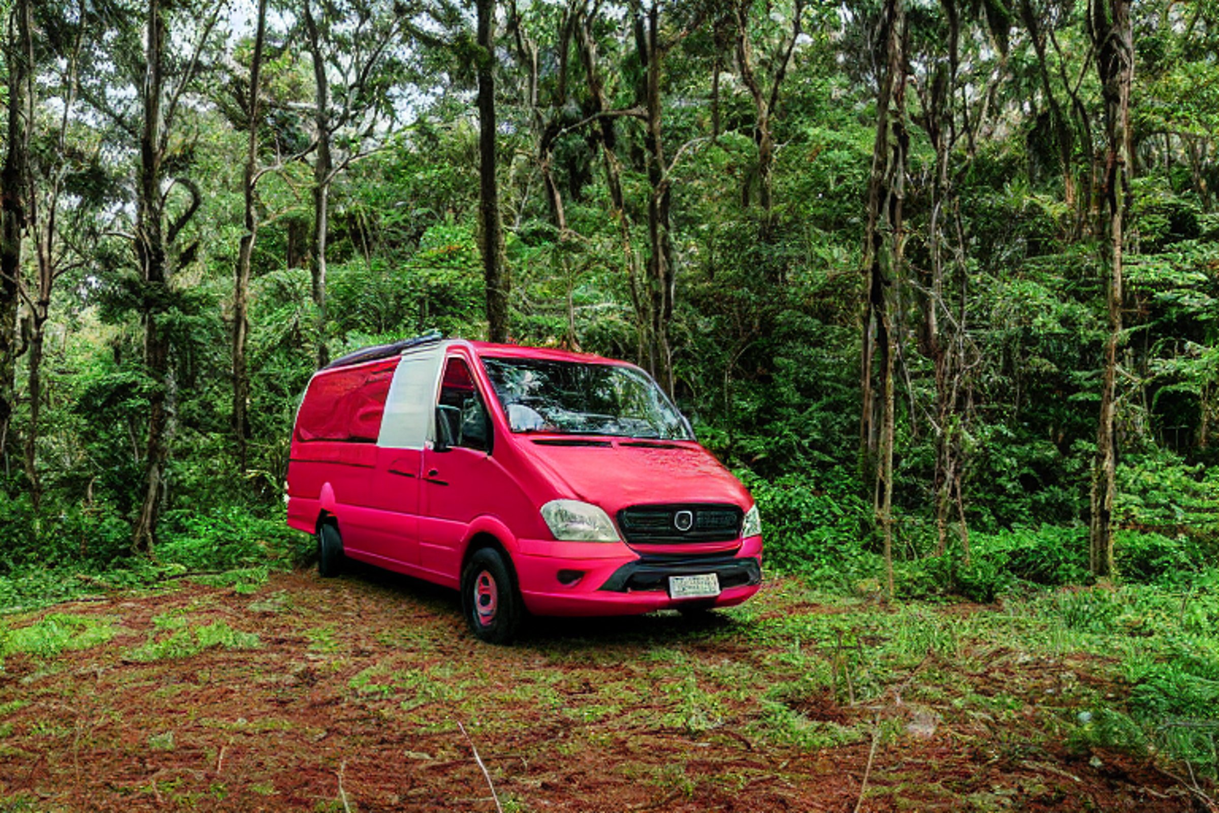 A red and white camper van rests at a quiet paved campsite in Hawaii. Ferns, boulders, and rolling green hills surround a small dirt patch under the clear sunrise sky.
