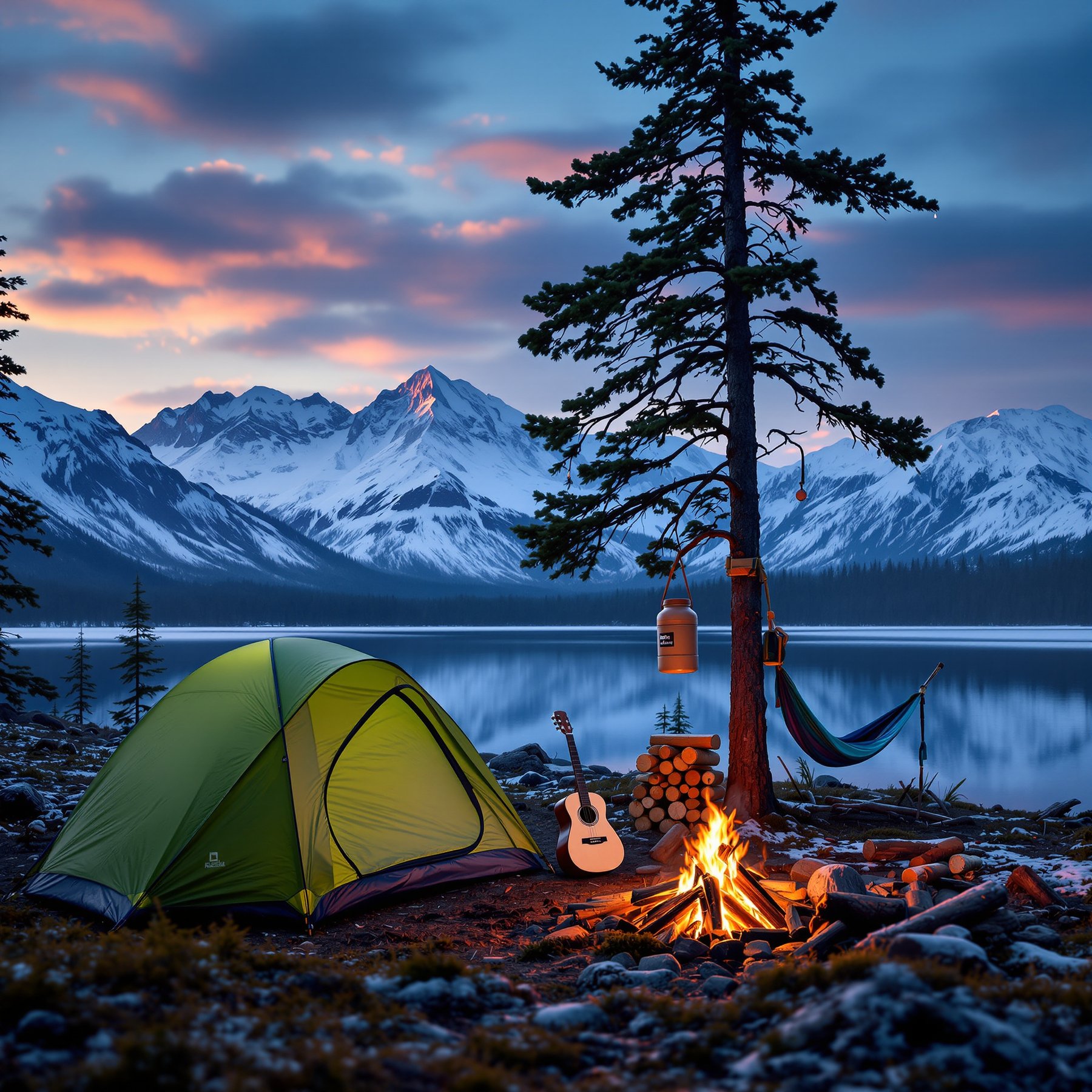 Camp by a peaceful lake, with snowy mountains in the background and a glowing campfire. A green tent, cozy hammock, and guitar make it feel warm and fun. The sky is colorful as the sun goes down, perfect for making memories.