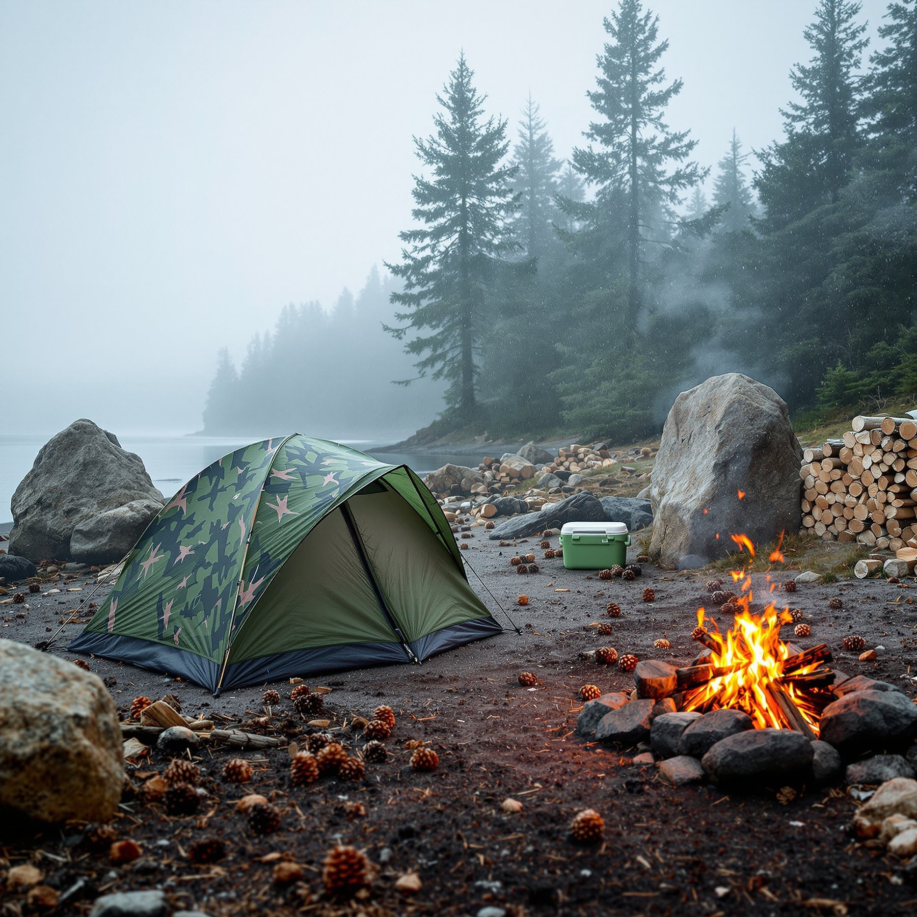 A cozy tent sits by a peaceful lake, surrounded by tall pine trees and big rocks. A warm campfire glows, filling the misty air with light. It feels calm and perfect for adventure.