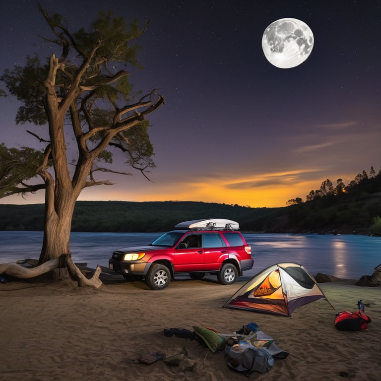 A colorful Subaru with an open rooftop tent rests beside a rushing river under the moonlit sky. A hammock hangs between the trees, while rolling hills and misty clouds create a calm, wild setting.
