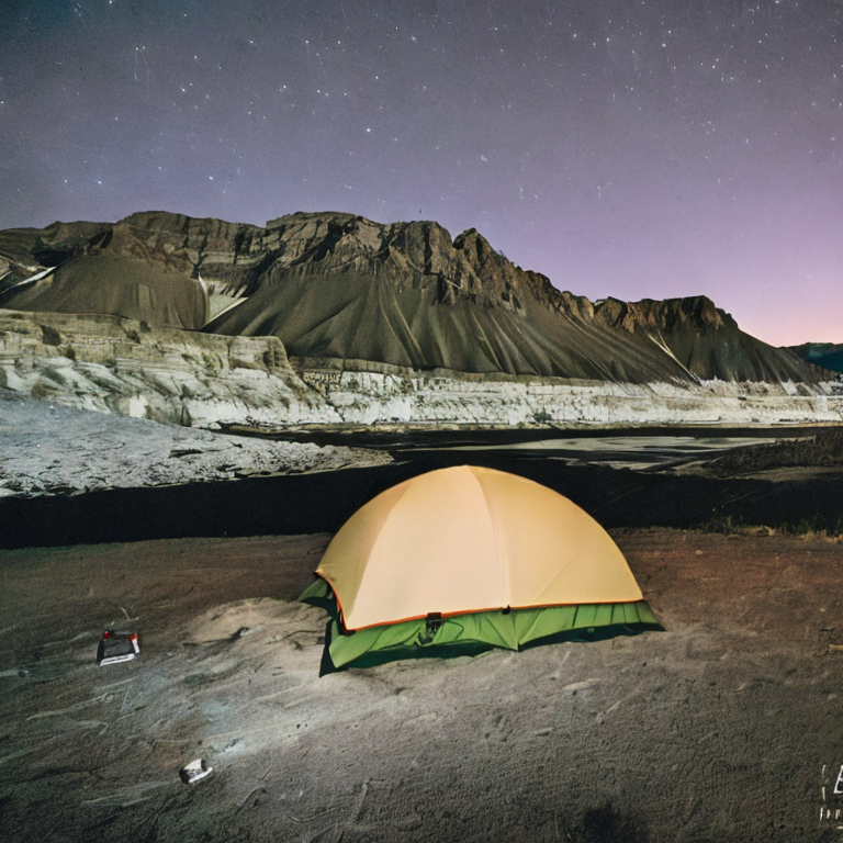 A green and tan tent rests on a snowy dirt campsite beneath a sky full of stars. Tall mountains rise in the distance, while a small flashlight glows near the campsite. A box of camping gear sits on the rocky ground nearby.