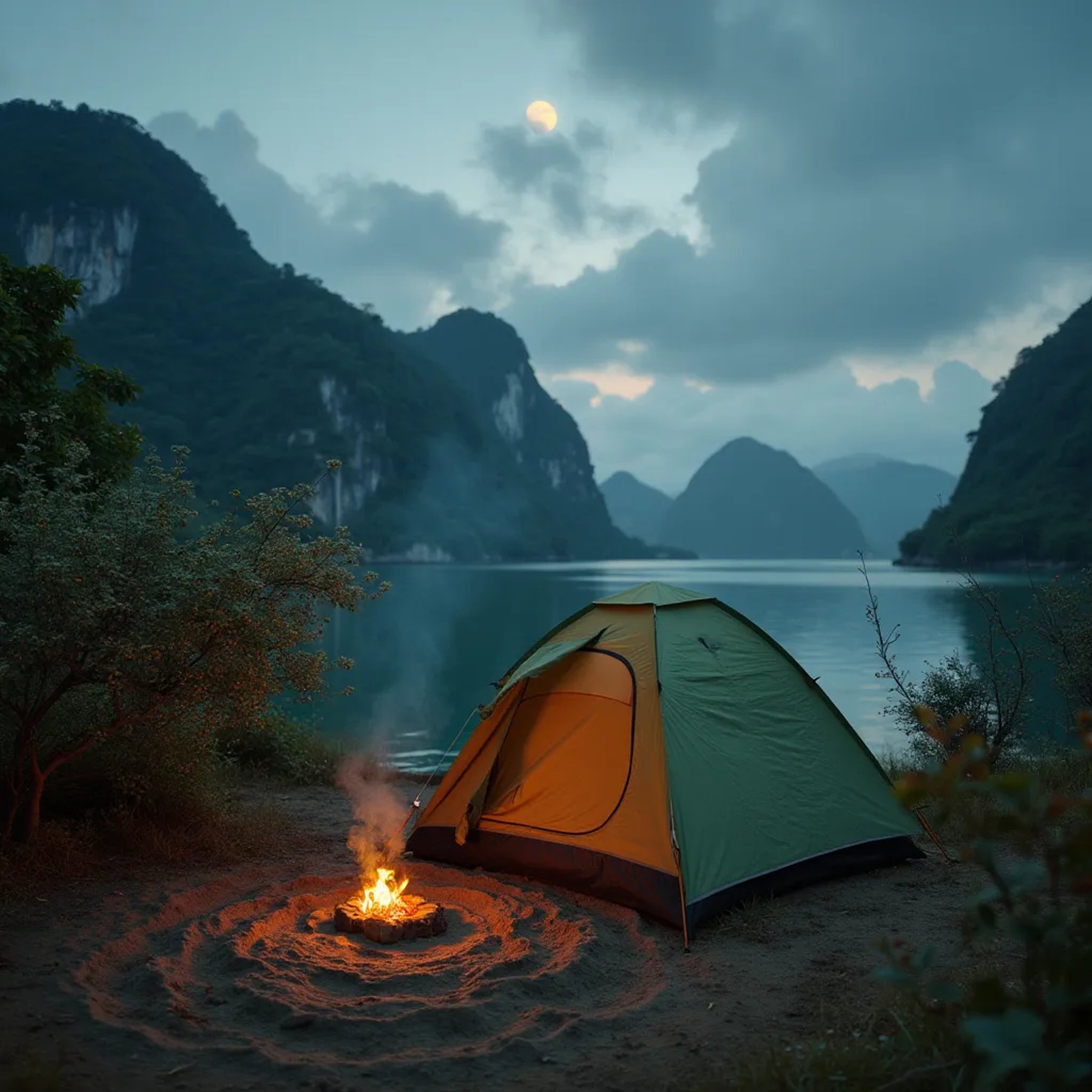 A green and tan tent rests on the shore of Halong Bay at twilight. A small campfire sends smoke into the partly cloudy sky, while a moon glows above the water. The quiet bay reflects the campsite and its rocky surroundings.
