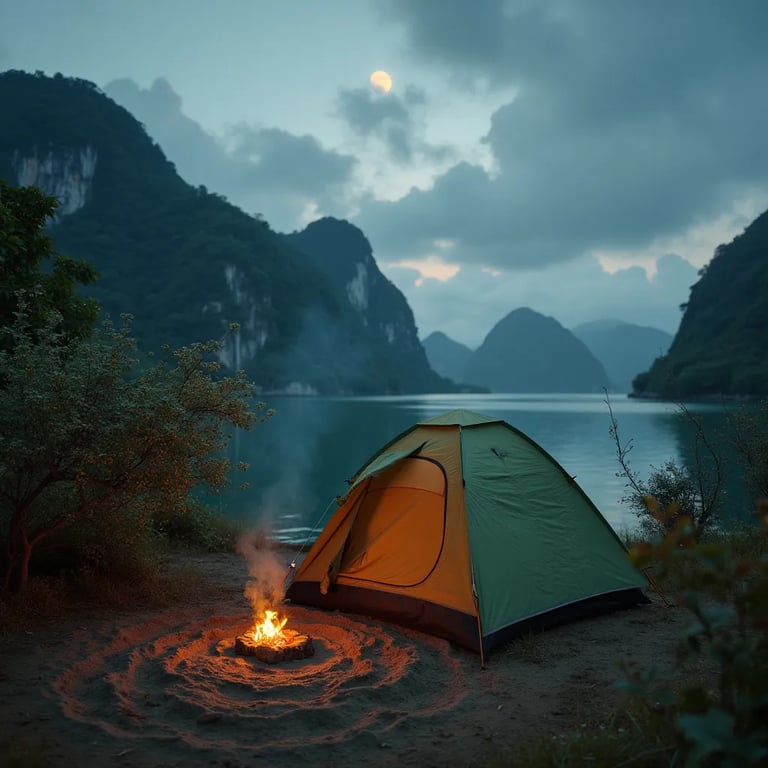 A green and tan tent rests on the shore of Halong Bay at twilight. A small campfire sends smoke into the partly cloudy sky, while a moon glows above the water. The quiet bay reflects the campsite and its rocky surroundings.