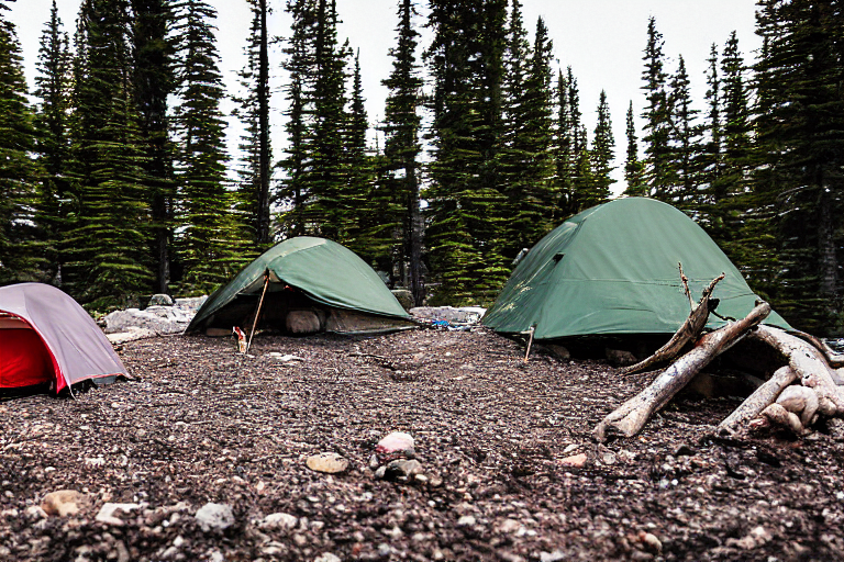 A cozy tent sits beside a campfire on a dirt clearing in foggy Banff National Park. Stones and a small twig lie on the ground, while surfers add a fun surprise to the mountain campsite.