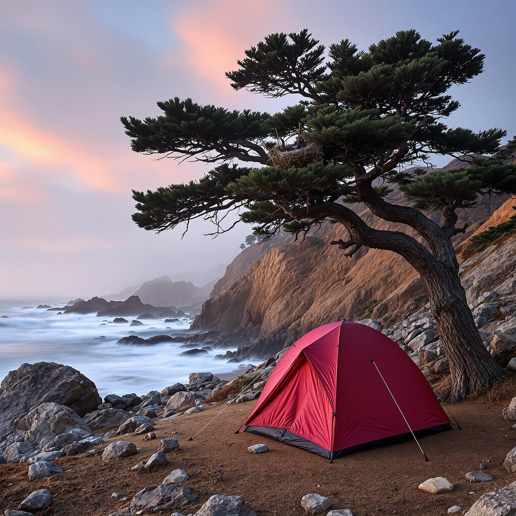 A cozy red tent sits under a big tree by the rocky ocean shore. The waves crash gently, and the sky is painted with soft pink and orange hues. It's the perfect spot to listen to the sea and watch the sunset.
