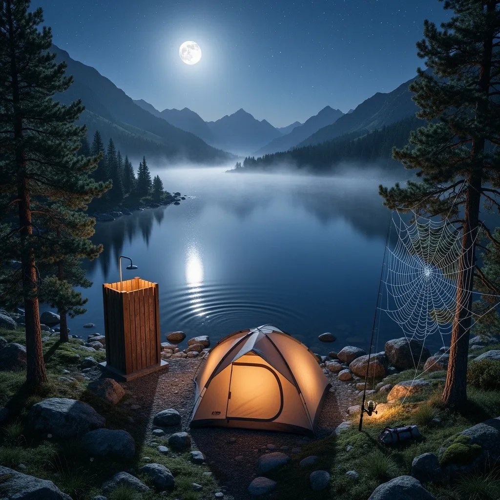 A small glowing tent rests by a quiet mountain lake under a bright moon and a sky full of stars. Tall pine trees, scattered rocks, and gentle ripples on the water make the scene feel calm and wild. Nearby, a simple shower, a lone fishing rod, and a tiny spider web add cozy, hidden details to this peaceful camp.