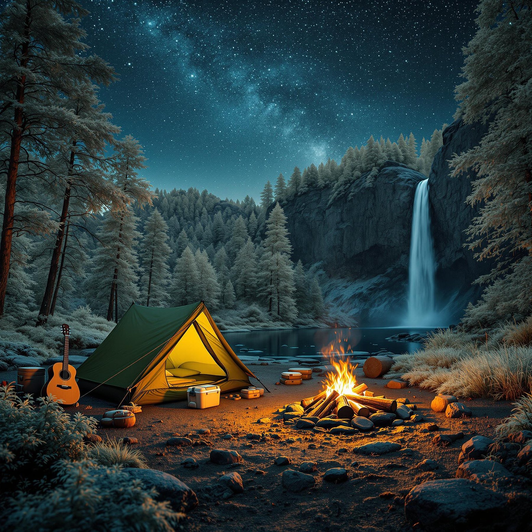 Nestled under a starlit sky, a cozy campsite glows warmly by the dancing campfire. A gentle waterfall cascades in the distance, surrounded by lush, towering trees. The peaceful scene invites stories, songs, and dreams under the Milky Way.
