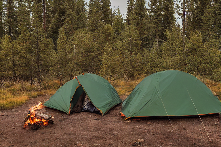 A forest green tent rests on a quiet paved campsite in the Idaho plains. A campfire warms the damp air beside a large log, with a backpack nearby. In the distance, deer wander near a flowing stream under the golden evening sky.