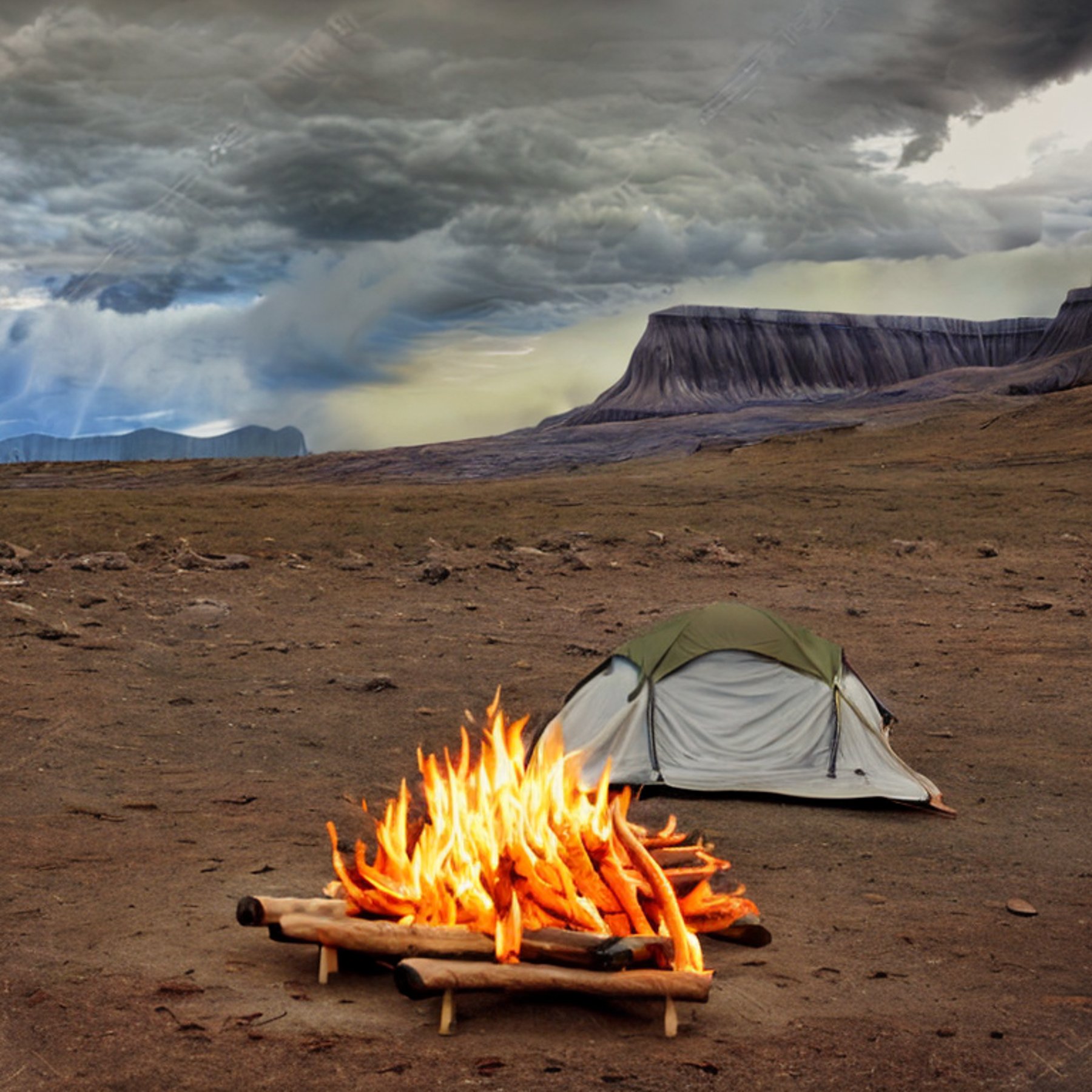 A brown tent rests on a quiet paved campsite in a petrified forest. A picnic table and large log sit near the campfire, while tall mountains rise in the distance. Stormy skies give the scene a wild, peaceful feeling.