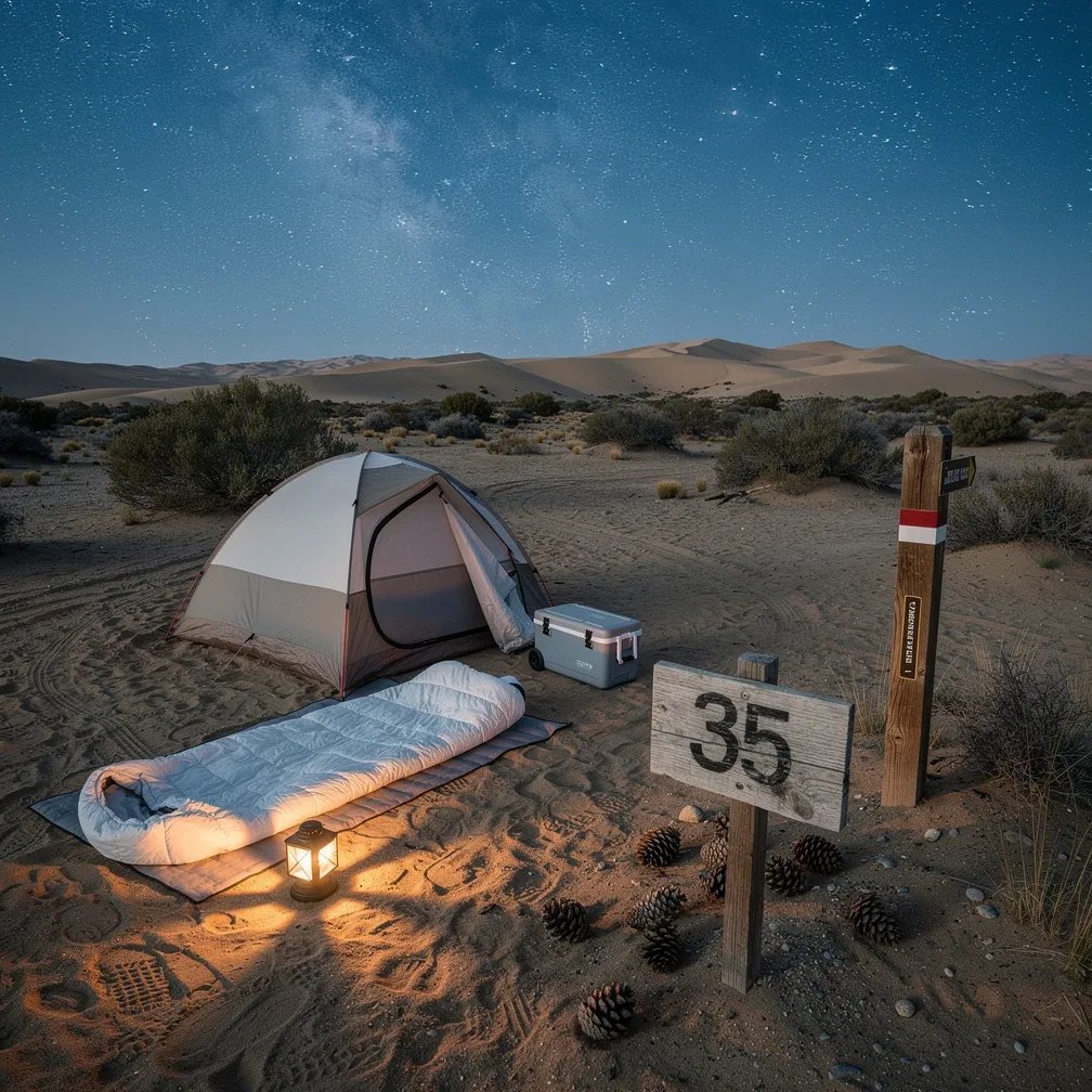 A small tent sits on a quiet sandy flat, with low dunes and scrub all around. A warm lantern glow shines on a white sleeping bag and a little cooler by the tent. Nearby, a weathered wooden sign marked “35” and a trail post stand under a sky packed with bright stars. Pine cones dot the sand, making the camp feel lonely and wild.