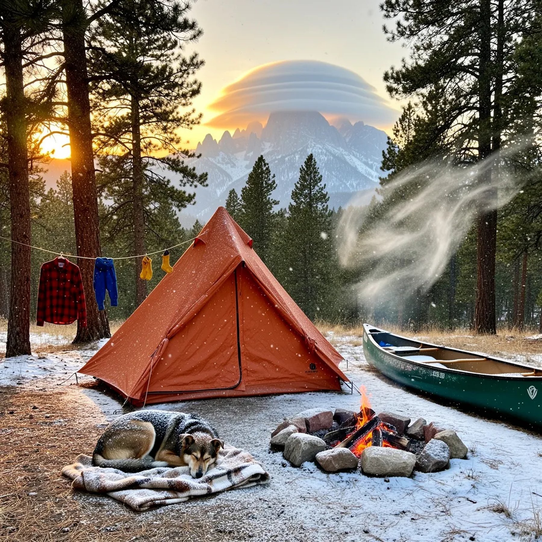 A warm terracotta tent glows in the snowy woods as the sun sets behind tall, rocky mountains. Soft snow swirls in the golden light while a sleepy dog curls up by a small campfire. A green canoe and a clothesline of bright clothes add color to the quiet, peaceful scene.