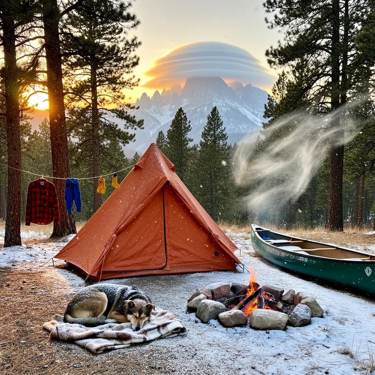 A warm terracotta tent glows in the snowy woods as the sun sets behind tall, rocky mountains. Soft snow swirls in the golden light while a sleepy dog curls up by a small campfire. A green canoe and a clothesline of bright clothes add color to the quiet, peaceful scene.