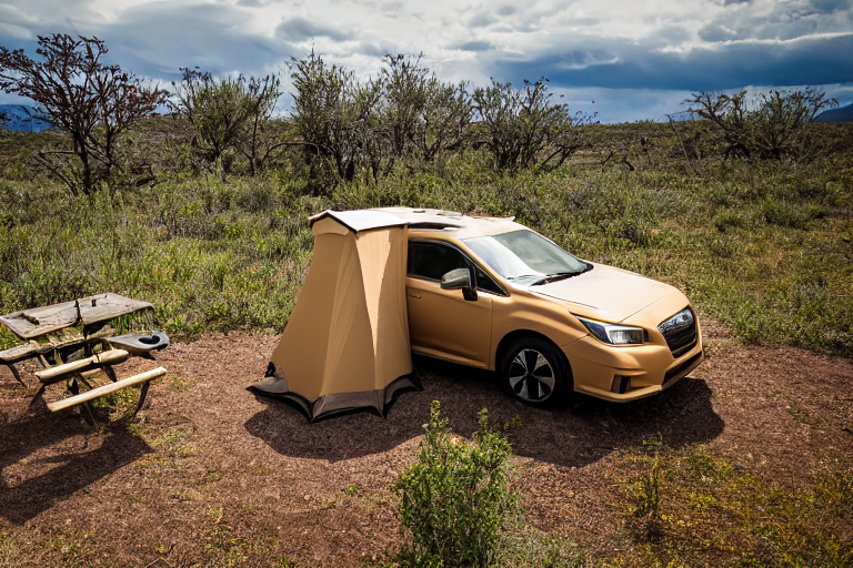 A tan Subaru rests at a quiet campsite in the New Mexico desert. Its rooftop tent is open beneath a clear sky glowing with green auroras. Tall grass, small trees, stones, and a picnic table surround the peaceful dirt camp.