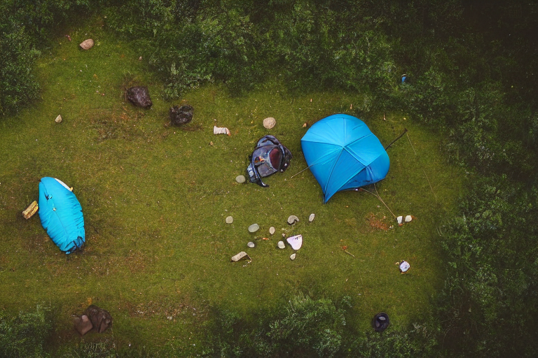 A teal tent rests beside a dirt patch at a rainy campsite in Iceland. Tall grass sways under the glowing northern lights, while a campfire warms the night beside a large log and camping gear.