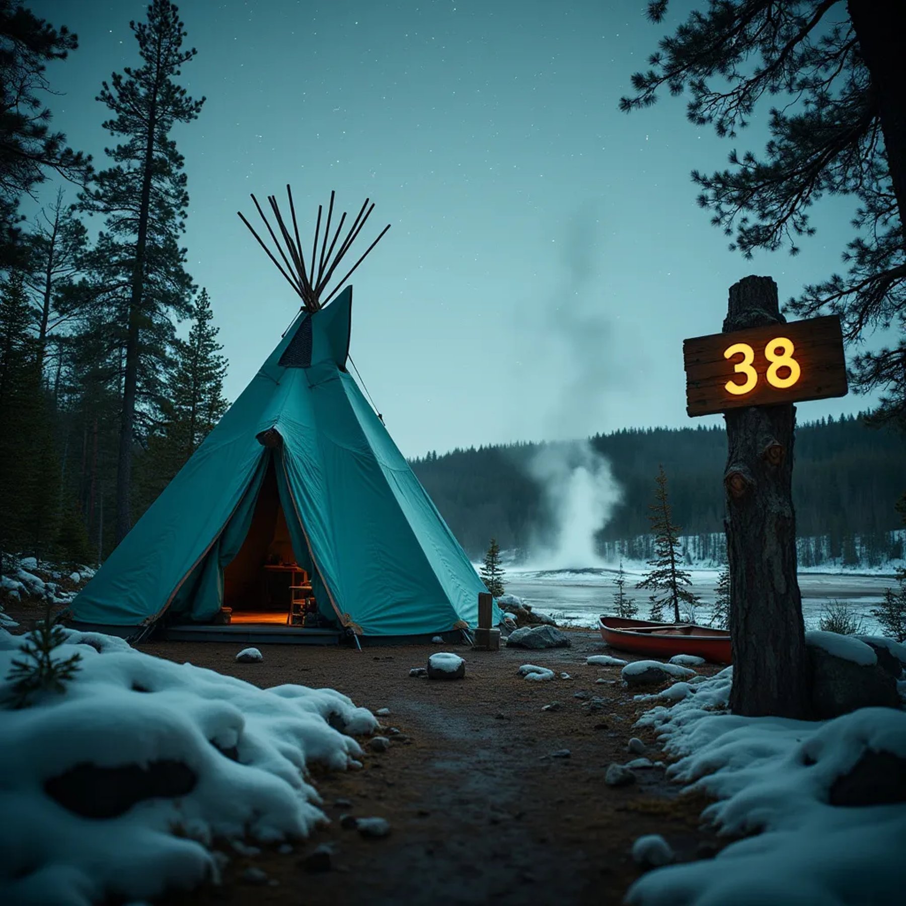 A teal teepee rests among small trees and scattered stones under a snowy night sky. A wooden sign marked “38” stands nearby, with a canoe beside the campsite. In the distance, geysers rise like misty fountains.
