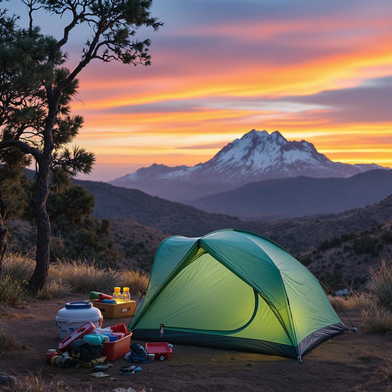 A mint green tent rests among the rolling hills of Big Bend National Park. Soft sunset light shines through the drizzle, while a flashlight glows inside the tent. Camping gear sits nearby, and a snowy mountain peak rises in the distance.