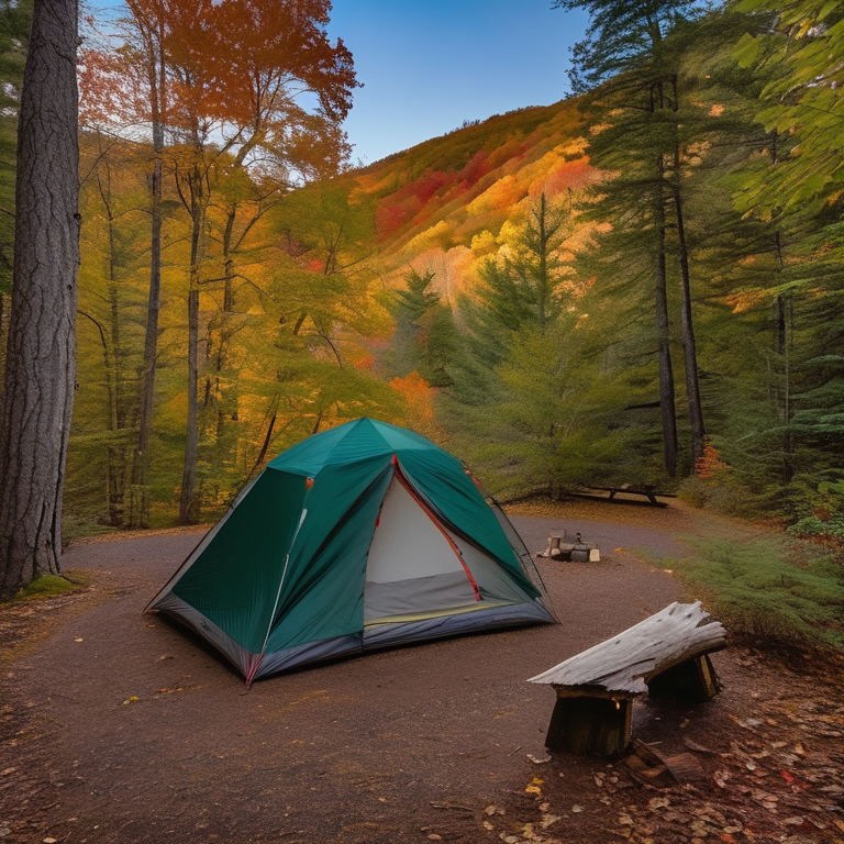 A green tent rests beside a paved campsite in the quiet Smoky Mountains. A warm campfire glows among the logs, while fall-colored trees and a large rock surround the dirt path under a clear night sky.