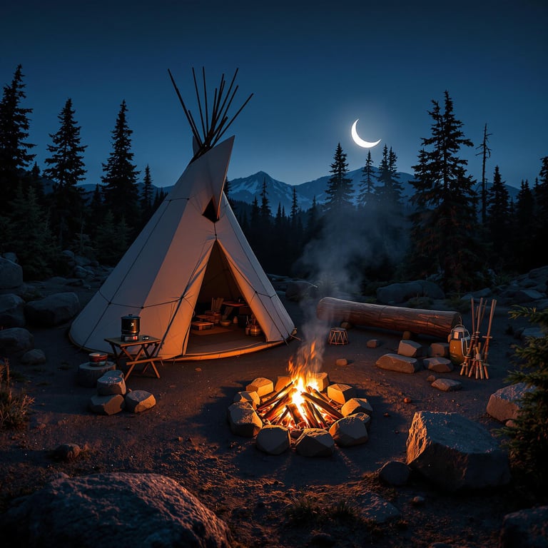 A cozy tepee rests among the quiet forests of Olympic National Park beneath a bright moon. A warm campfire glows beside large stones and a fallen log, while a picnic table holds a small camping stove.
