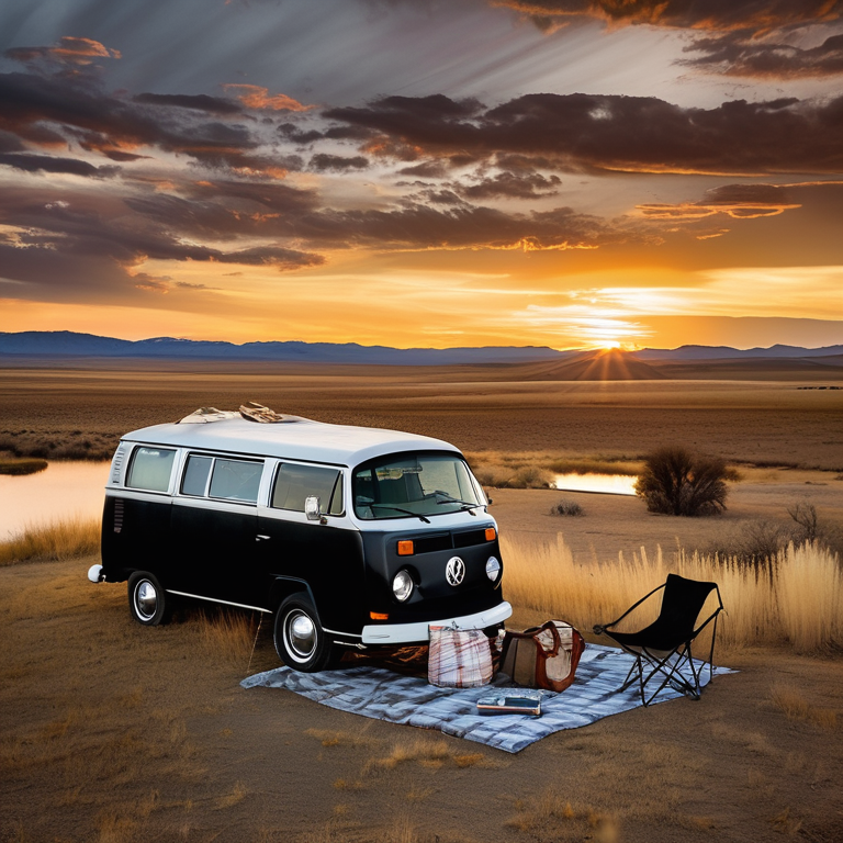 A black VW campervan rests at a quiet dirt campsite on the open Idaho plains. Tall grass, camping chairs, a picnic table, and a nearby backpack create a cozy outdoor scene. Snowy weather and soft sunset light give the campsite a calm, peaceful feel.