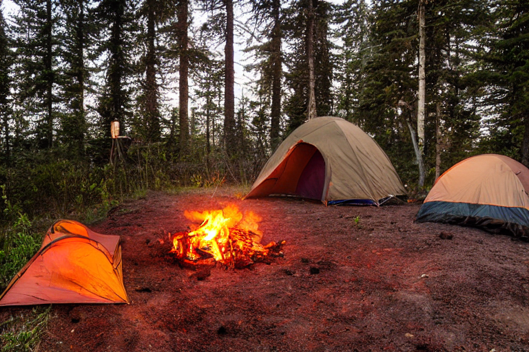 A cozy brown tent rests beside a paved campsite on the rainy California coast. A stone-ringed campfire, glowing lantern, and clothesline add a warm, homey feel. Soft sunrise light shines through the cloudy sky.