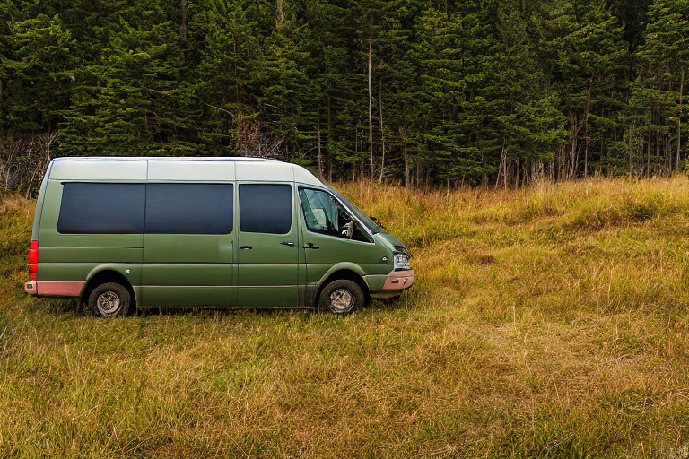 A green and tan camper van rests beside a warm campfire on the Maine coast. Tall grass, wildflowers, and bushes surround the dirt campsite, with rolling hills glowing under a clear sunset sky.
