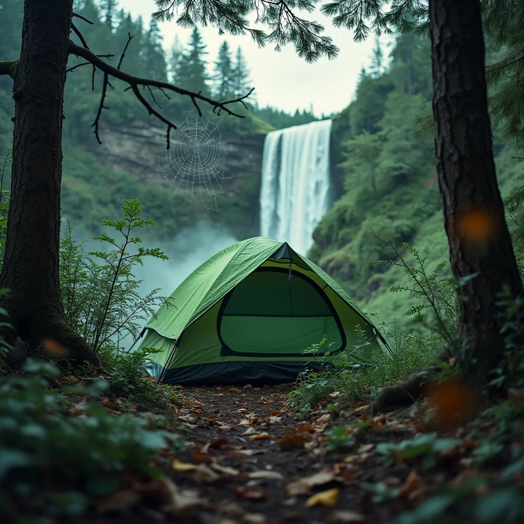 A green tent rests beside a rushing waterfall in a quiet forest. Wildflowers, fallen leaves, and a spider web add charm to the damp, earthy campsite as storm clouds gather overhead.