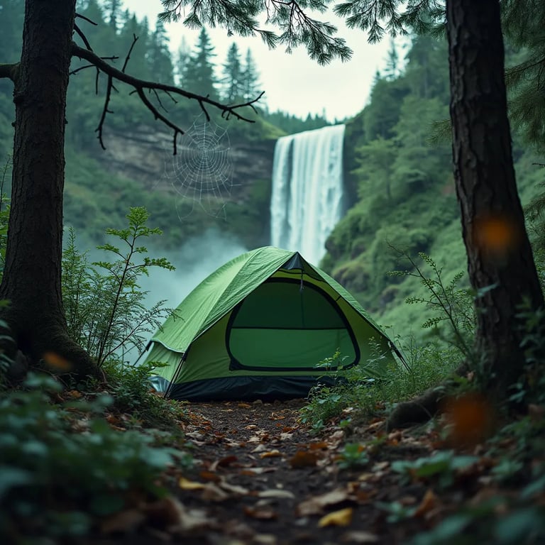 A green tent rests beside a rushing waterfall in a quiet forest. Wildflowers, fallen leaves, and a spider web add charm to the damp, earthy campsite as storm clouds gather overhead.