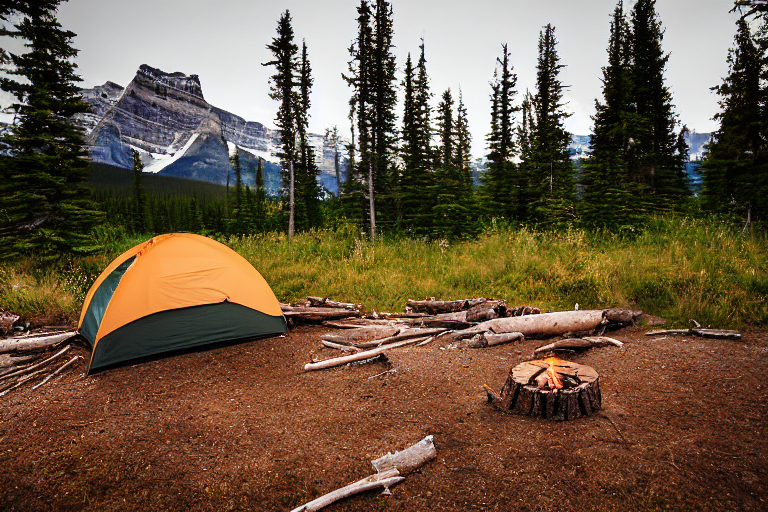A tan tent rests on a quiet paved campsite in Banff National Park. Rainy morning light shines through the tall grass, while a wood log and small twigs lie near the campfire.