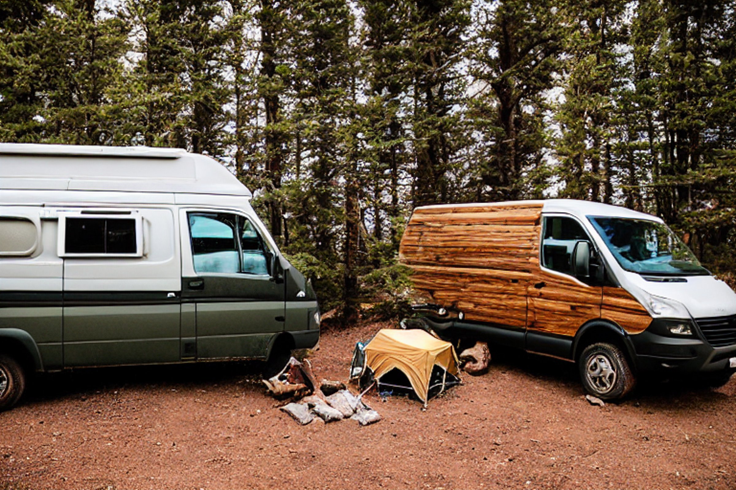 A brown camper van rests at a quiet campsite beneath a sky full of stars. Snow dusts the ground, while ferns, a large rock, and camping gear add to the wild setting. A small campfire glows beside a sturdy log.
