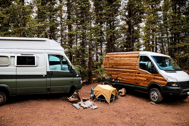 A brown camper van rests at a quiet campsite beneath a sky full of stars. Snow dusts the ground, while ferns, a large rock, and camping gear add to the wild setting. A small campfire glows beside a sturdy log.